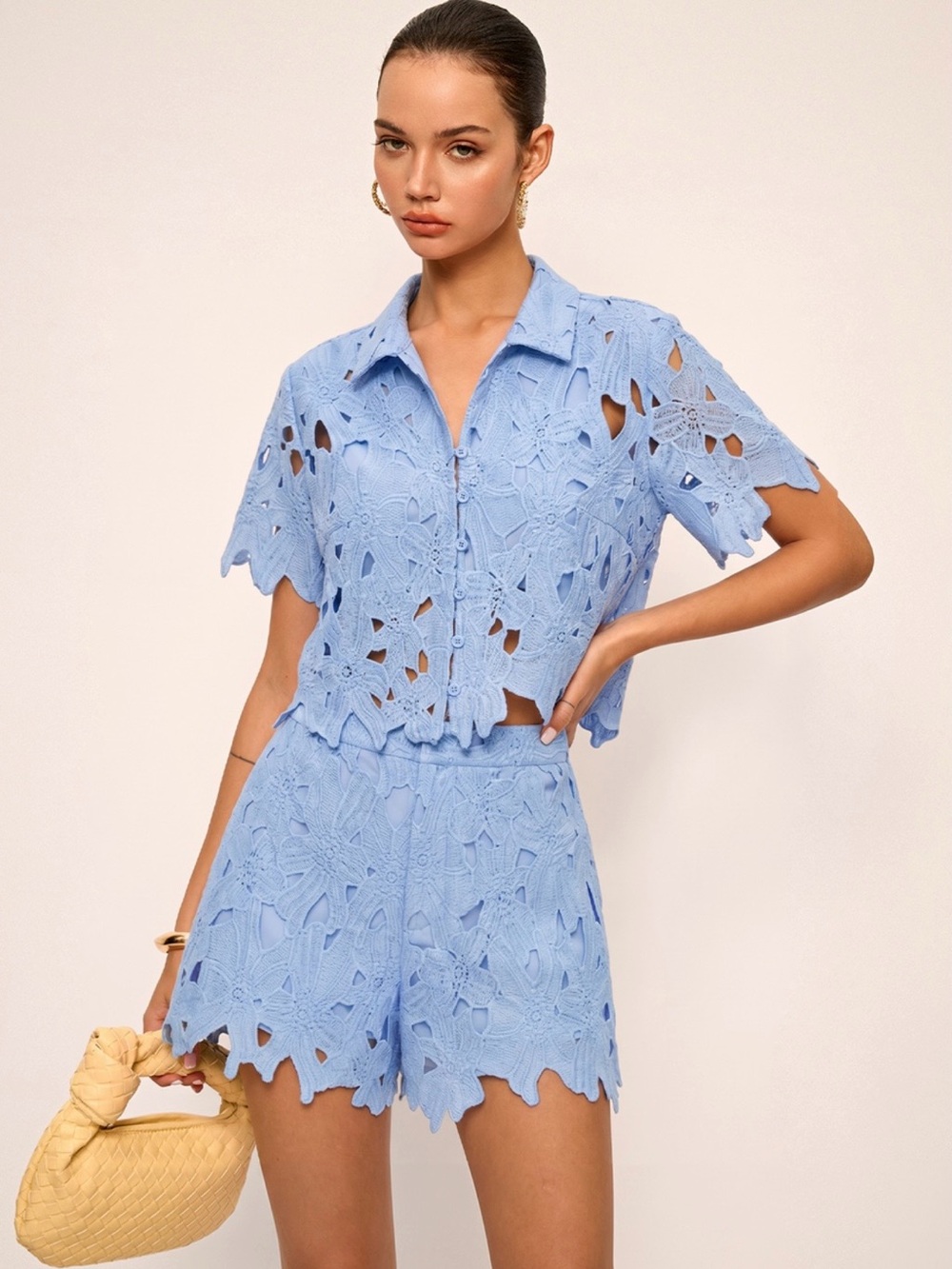 Commense Floral Lace Cropped Shirt & Short Set - Women's Two-Piece